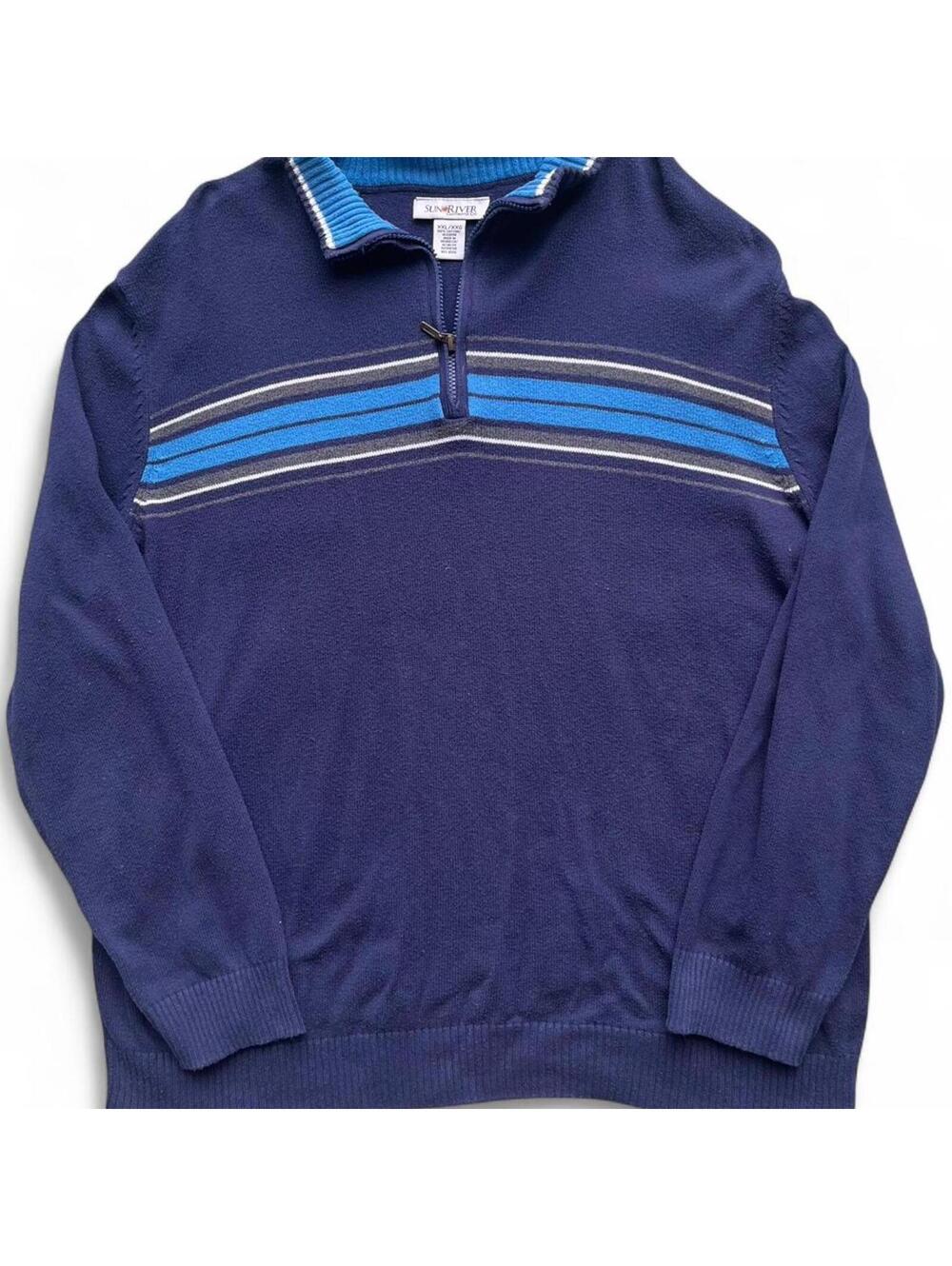 Sun River 1/4 Zip Striped Knit Sweater Navy Blue Men's 2XL